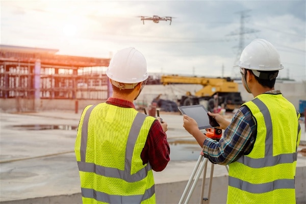 Imagem de dois profissionais da construção civil utilizando o drone em uma tarefa